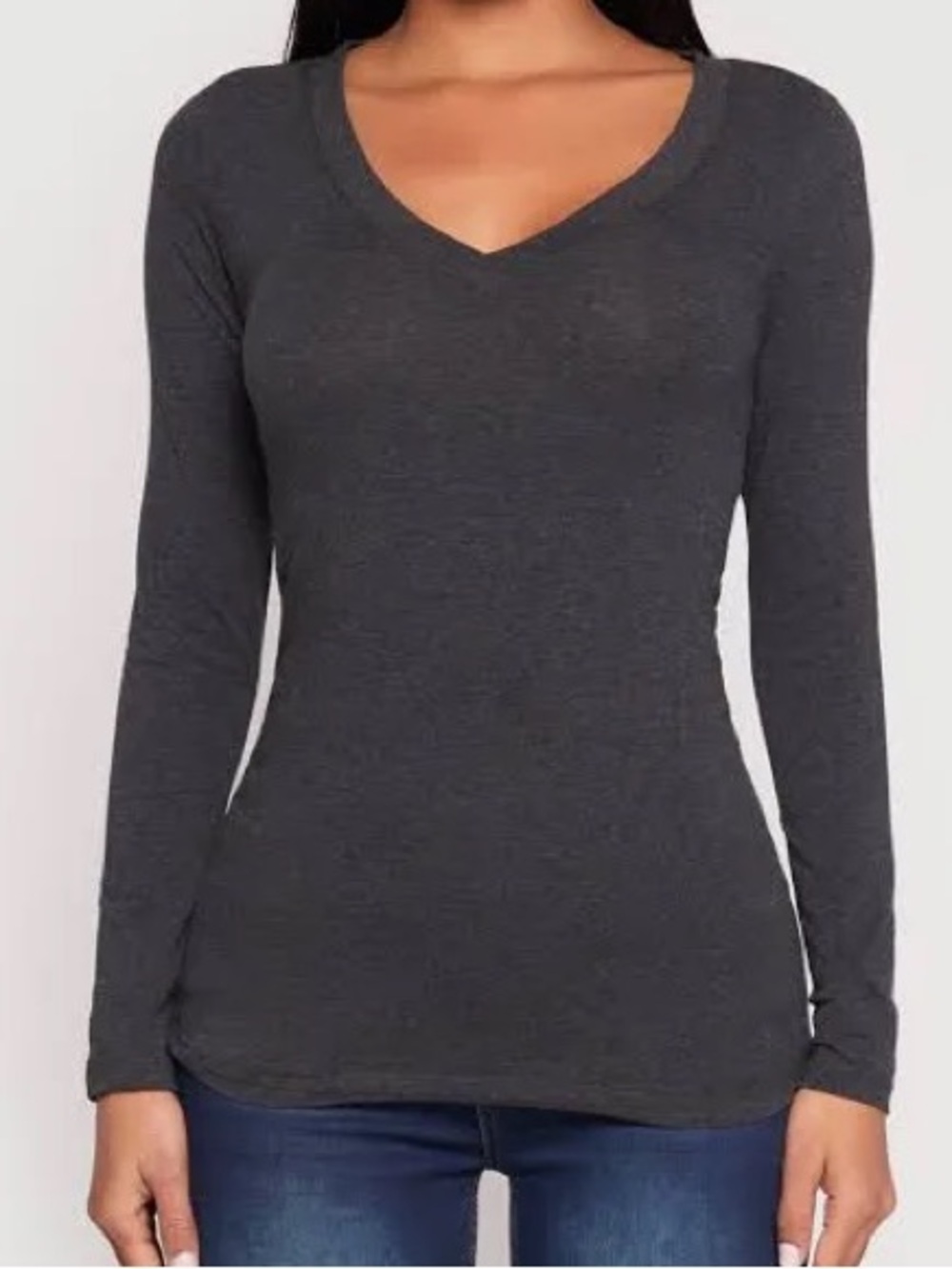 Women's V-Neck Long Sleeve Top - Charcoal Gray